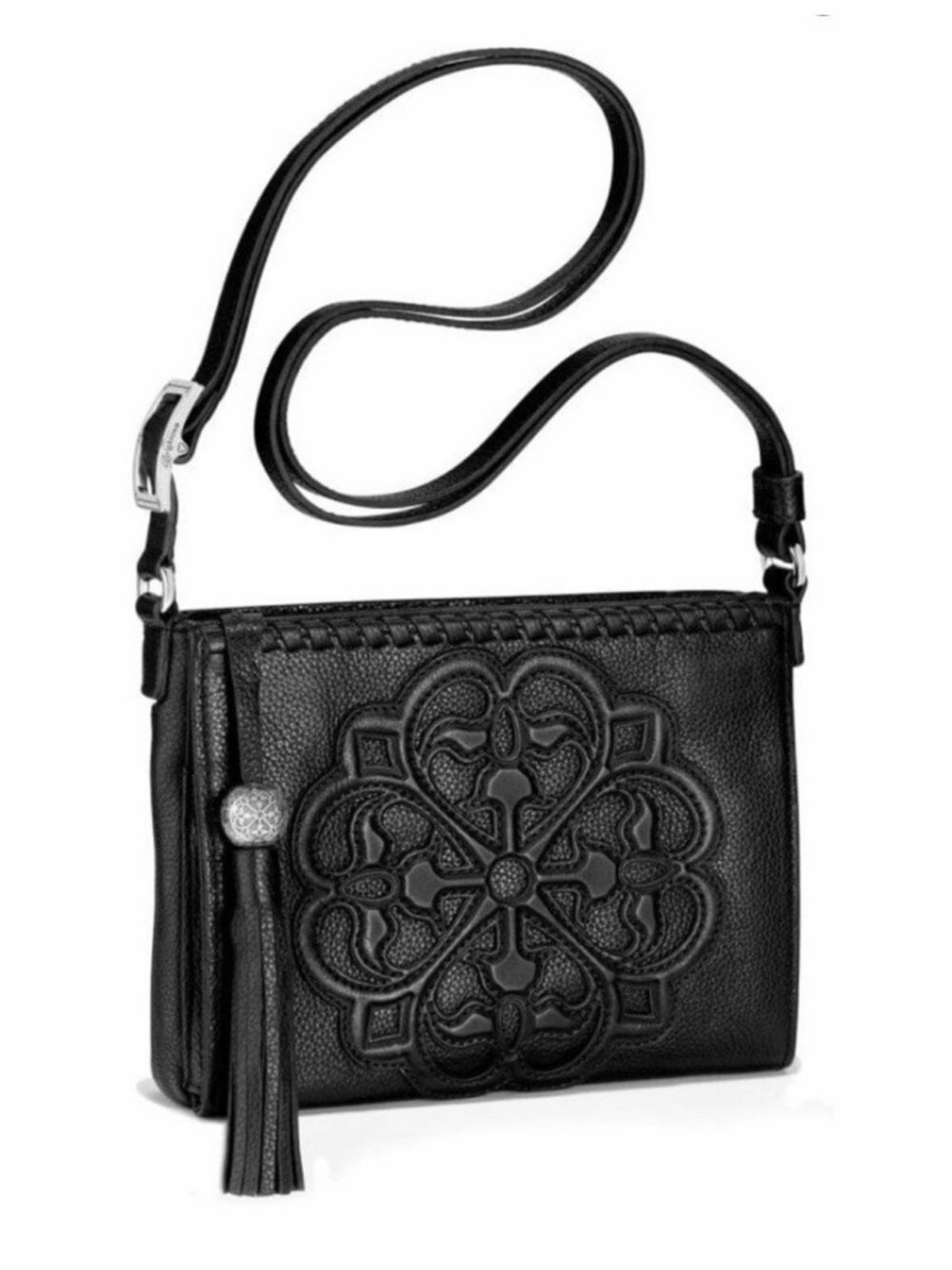 Brighton Black Embossed Leather Crossbody with Tassel